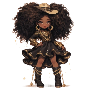 Mavi ve Altın Desenli Elbiseli Şapkalı Kovboy Kız Duvar Stickerı