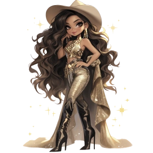 Parlak Altın Pantolonlu ve Şapkalı Kovboy Kız Duvar Stickerı