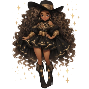 Pembe Detaylı Fırfırlı Elbiseli Kovboy Kız Duvar Stickerı