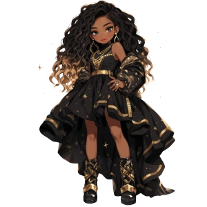 Siyah ve Altın Detaylı Elbiseli Şık Kovboy Kız Duvar Stickerı