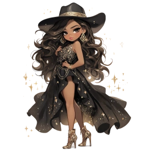 Siyah ve Altın Işıltılı Elbiseli Kovboy Kız Duvar Stickerı