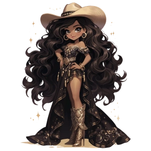 Siyah ve Altın İşlemeli Elbiseli Kovboy Kız Duvar Stickerı