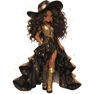 Siyah ve Altın Parıltılı Elbiseli Kovboy Kız Duvar Stickerı