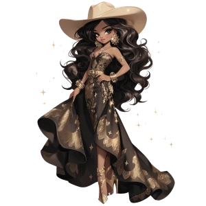 Siyah ve Altın Uzun Elbiseli Zarif Kovboy Kız Duvar Stickerı