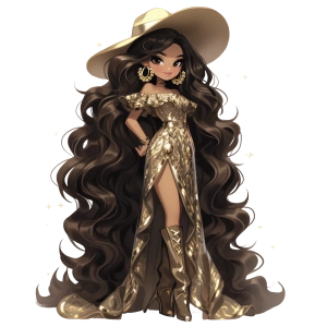 Uzun Altın Elbiseli ve Geniş Şapkalı Kovboy Kız Duvar Stickerı