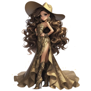 Uzun Katlı Altın Elbiseli Kovboy Kız Duvar Stickerı