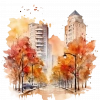 Binalar ve Sonbahar Ağaçlarıyla Şehir Yolu Duvar Stickerı