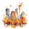 Şehir Silüeti ve Sonbahar Ağaçları Duvar Stickerı