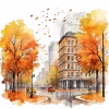 Şehir Sokağı ve Turuncu Yapraklı Ağaçlar Duvar Stickerı
