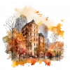 Sonbahar Yapraklarıyla Binalar Duvar Stickerı