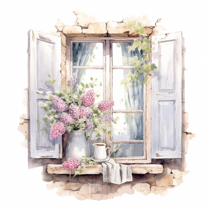 Açık Panjurlu Pencere ve Leylak Çiçekleri Duvar Stickerı