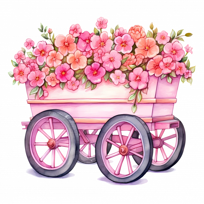 Açık Pembe Çiçekli ve Pembe Tekerlekli El Arabası Duvar Stickerı
