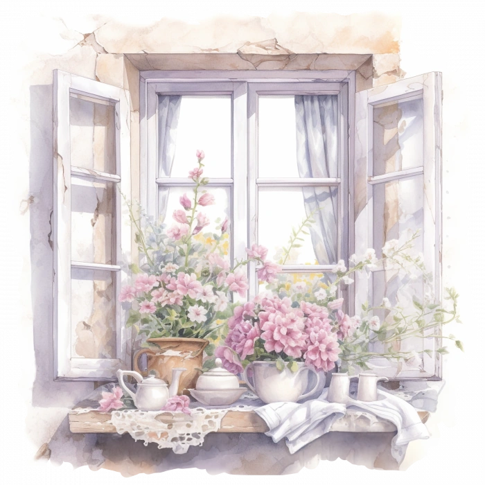 Açık Pencere ve Pembe Çiçekler Duvar Stickerı