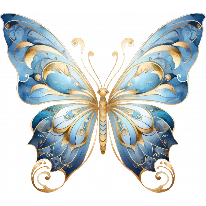 Altın Detaylı Mavi Kelebek Duvar Stickerı
