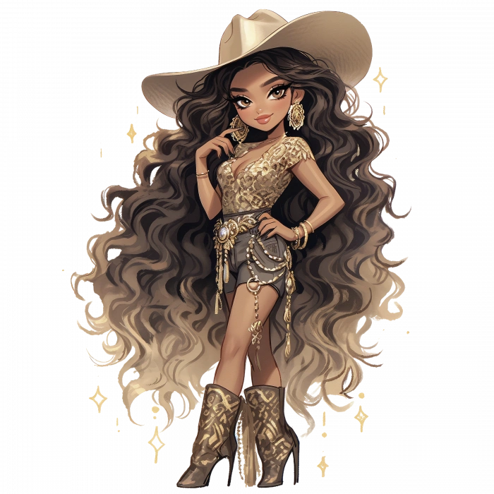 Altın Detaylı Şortlu ve Şapkalı Kovboy Kız Duvar Stickerı