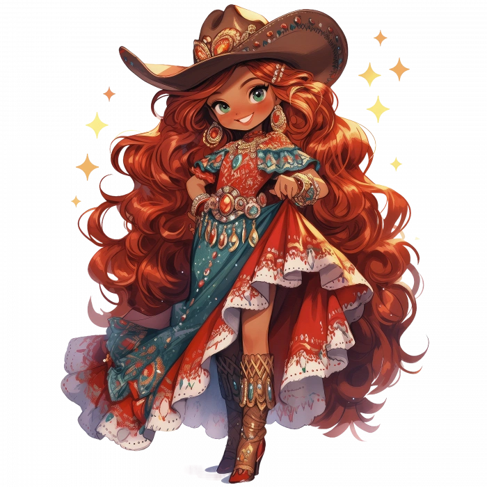 Altın İşlemeli Pantolonlu ve Siyah Şapkalı Kovboy Kız Duvar Stickerı