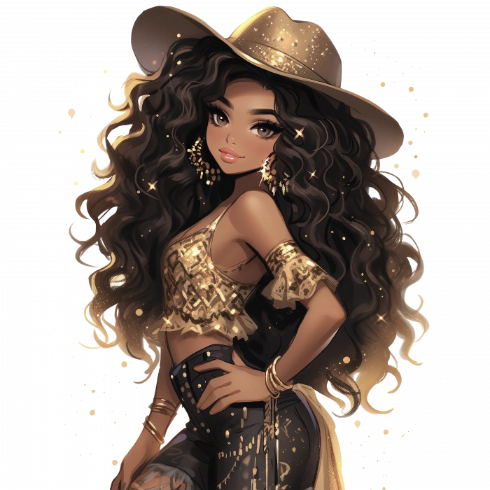 Altın Parıltılı Bluzlu Şık Kovboy Kız Duvar Stickerı