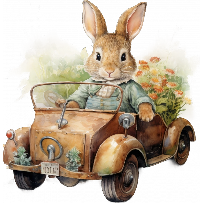 Araba Kullanan Tavşan Duvar Stickerı - Yeşil Kıyafetli