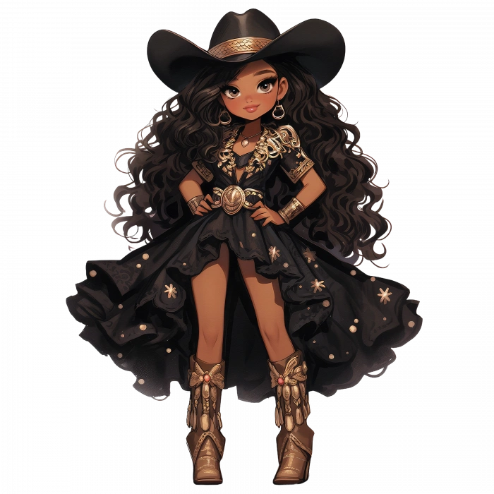 Asimetrik Kesim Siyah Elbiseli Kovboy Kız Duvar Stickerı