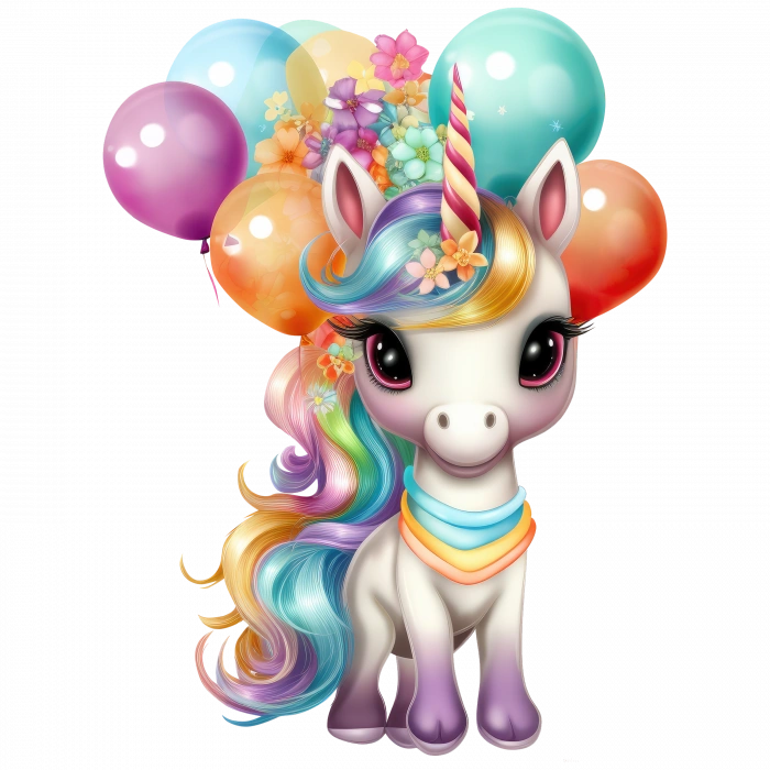 Balonlu ve Gökkuşağı Yeleli Tek Boynuzlu At Duvar Stickerı