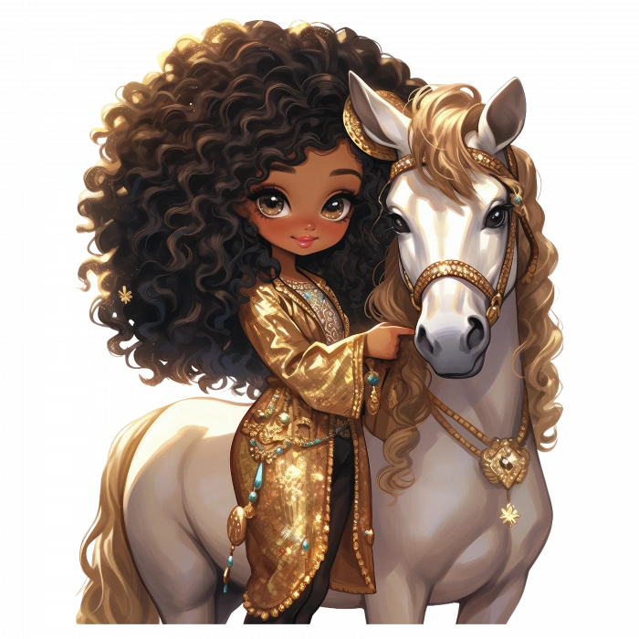 Beyaz Atlı Altın Elbiseli Kıvırcık Saçlı Kız Duvar Stickerı