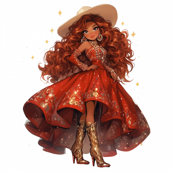 Beyaz Şapkalı Kırmızı Elbiseli Kovboy Kız Duvar Stickerı