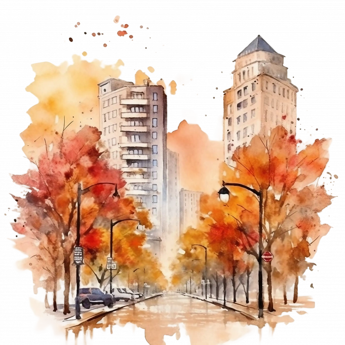 Binalar ve Sonbahar Ağaçlarıyla Şehir Yolu Duvar Stickerı