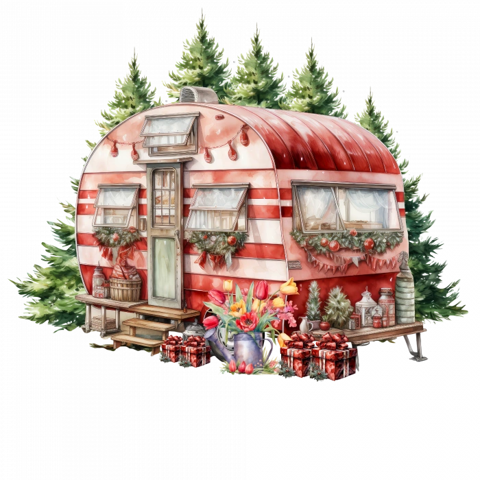 Çam Ağaçları ve Hediyelerle Kırmızı Karavan Duvar Çıkartması