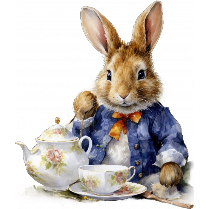 Çay Demliği ve Fincanlı Tavşan Duvar Stickerı - Mavi Ceketli