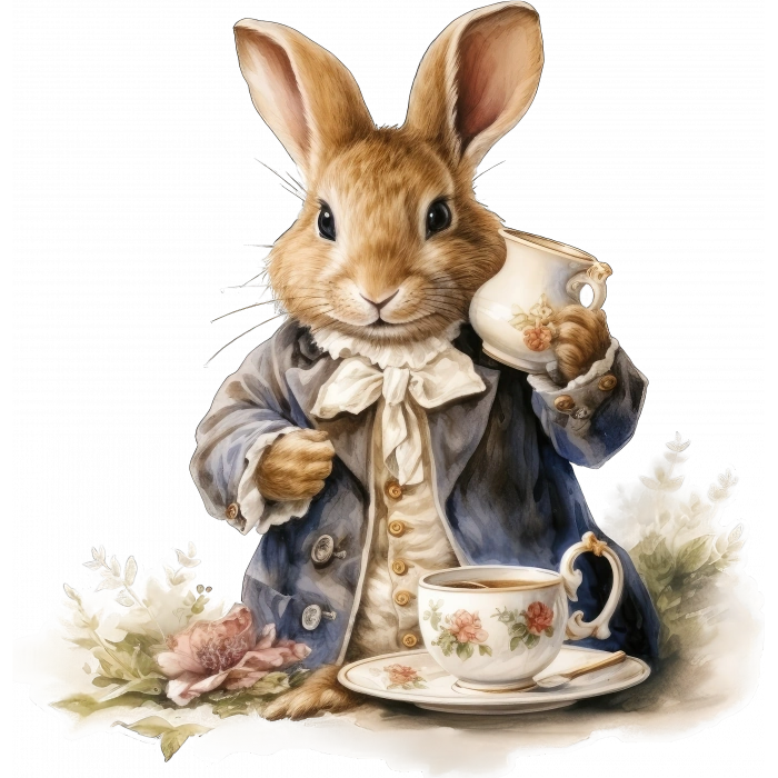 Çay İçen Tavşan Duvar Stickerı - Beyaz Yakalı