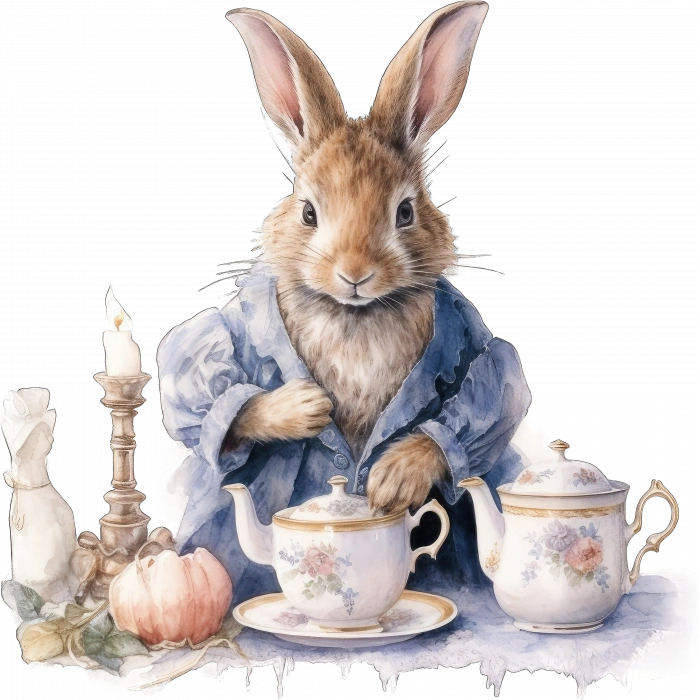 Çay Saatinde Tavşan Duvar Stickerı - Mavi Ceketli, Şamdanlı
