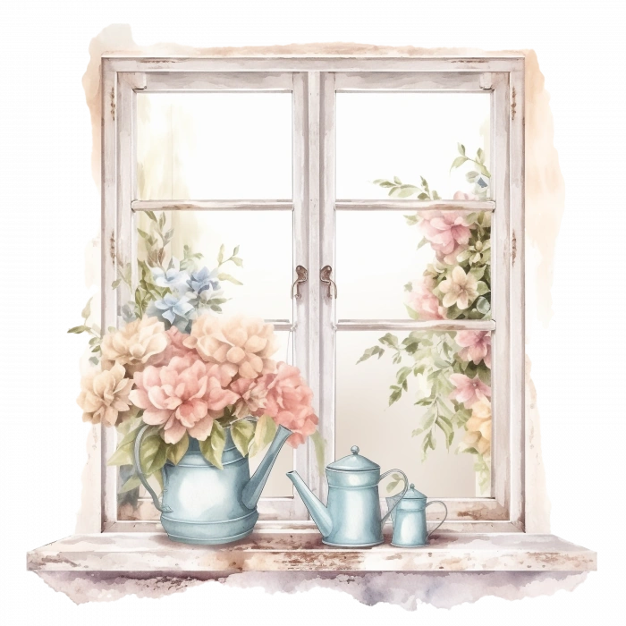 Çiçek Saksıları ve Suluklu Pencere Duvar Stickerı