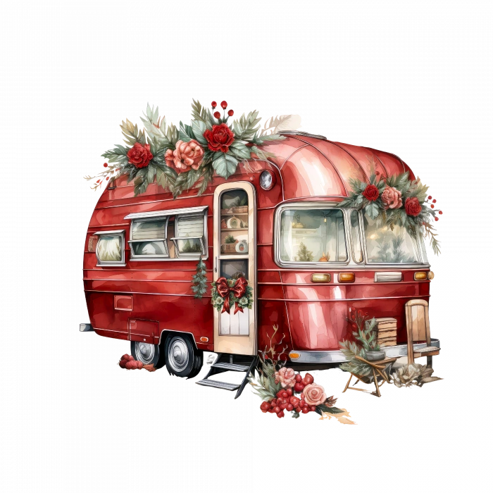 Çiçek ve Yaprak Süslemeli Kırmızı Karavan Duvar Çıkartması