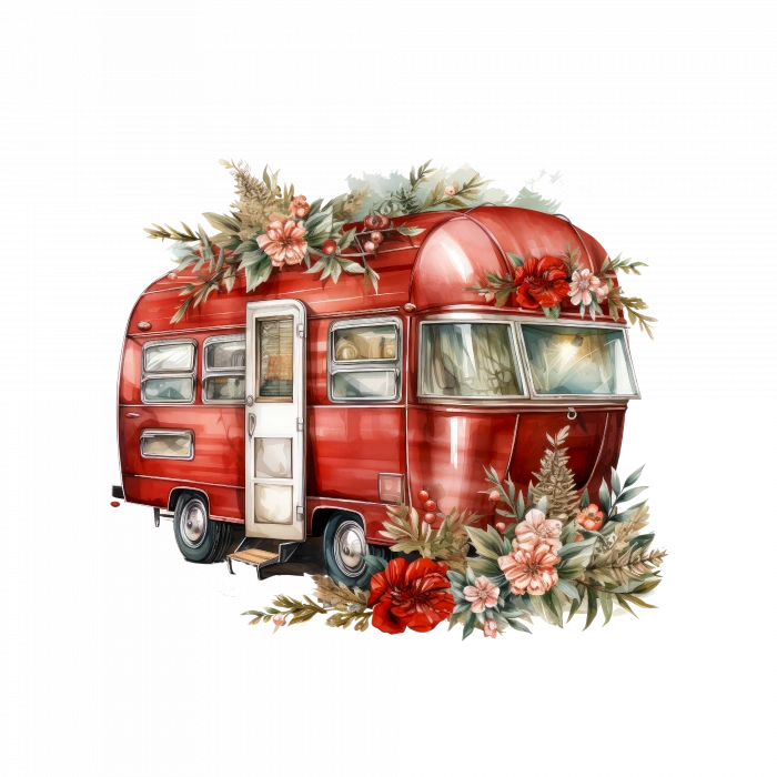 Çiçek ve Yeşillik Süslemeli Kırmızı Karavan Duvar Çıkartması