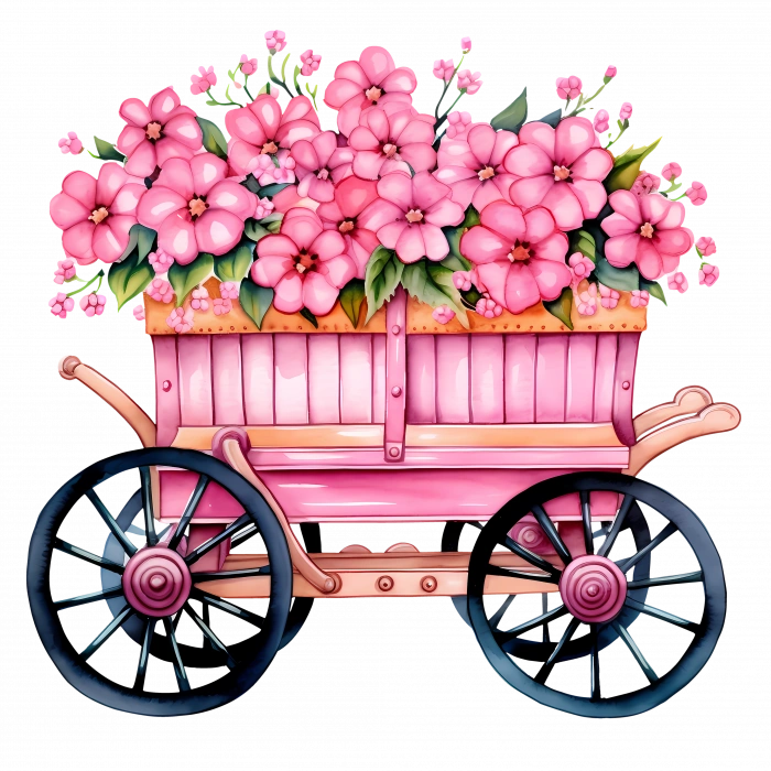 Çiçekli Pembe El Arabası Duvar Stickerı (Siyah Tekerlekli)