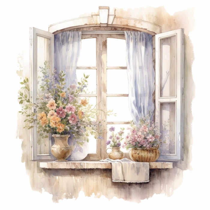 Çiçekli Vazo ve Perde Detaylı Pencere Duvar Stickerı