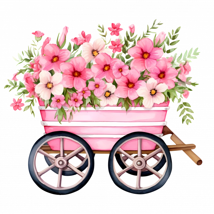 Çiçekli ve Kuşlu Pembe El Arabası Duvar Stickerı