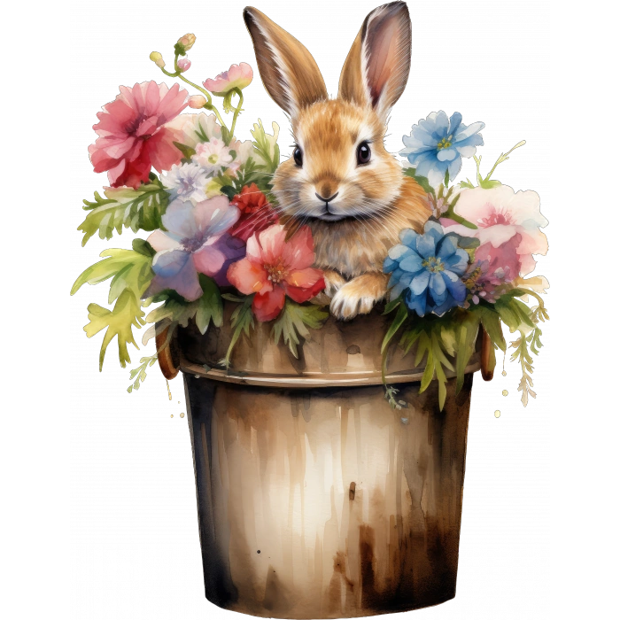 Çok Renkli Çiçekli Kovada Tavşan Duvar Stickerı