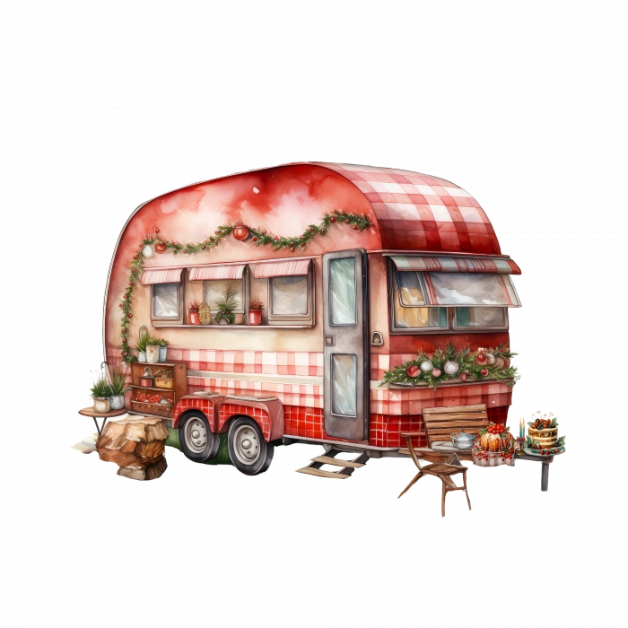 Ekose Desenli ve Tatil Işıklı Kırmızı Karavan Duvar Çıkartması