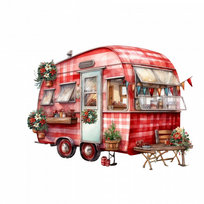 Ekose Tenteli ve Noel Dekorasyonlu Karavan Duvar Çıkartması