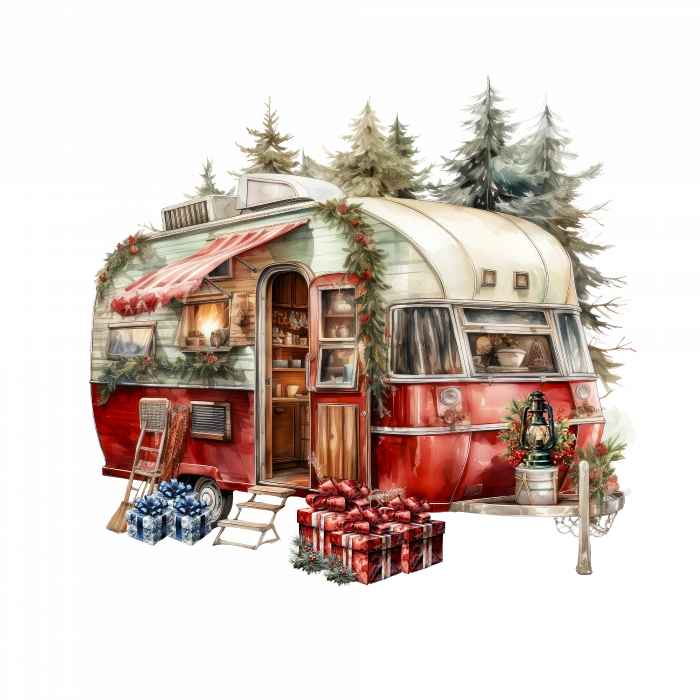 Hediyeler ve Noel Ağaçları ile Kırmızı Karavan Duvar Çıkartması