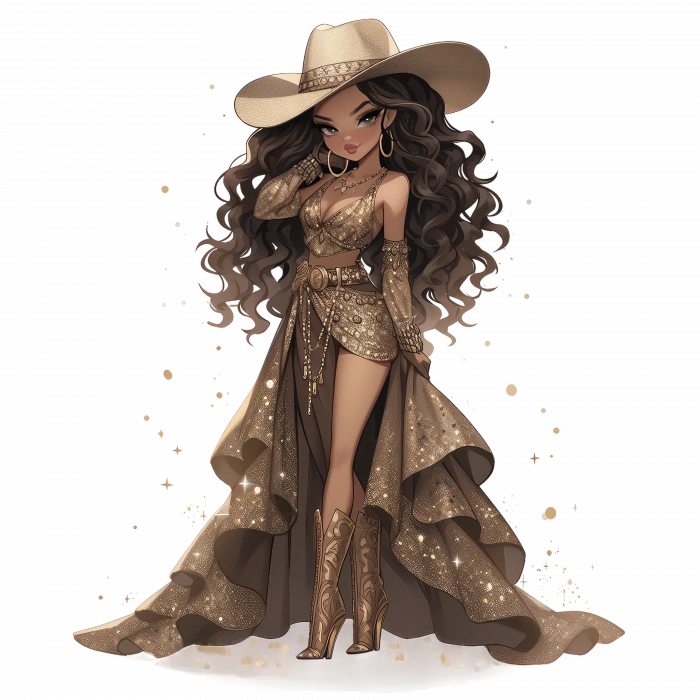 Işıltılı Altın Katlı Elbiseli Kovboy Kız Duvar Stickerı