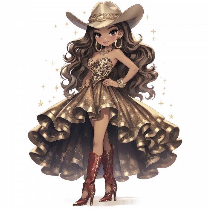 Kahverengi Çizmeli Yıldızlı Elbiseli Kovboy Kız Duvar Stickerı