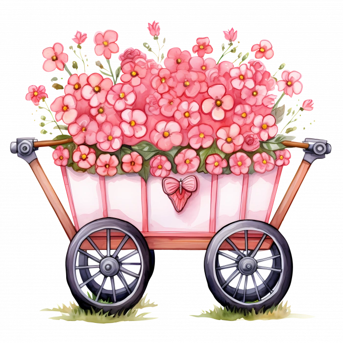 Kalpli ve Çiçekli Pembe El Arabası Duvar Stickerı