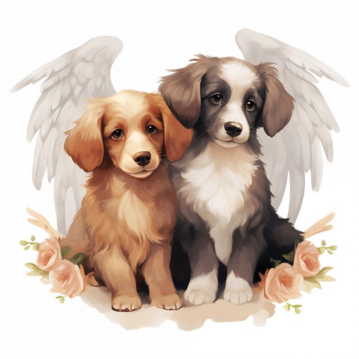 Kanatlı İki Köpek ve Çiçekler Duvar Stickerı