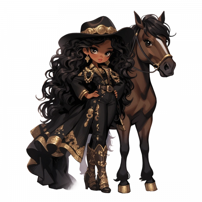 Kara Altın Elbiseli Süslü Kovboy Kız Duvar Stickerı