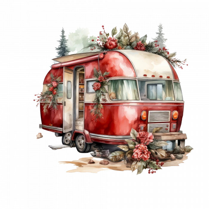 Karlı Çam Ağaçları ve Çiçekli Kırmızı Karavan Duvar Çıkartması