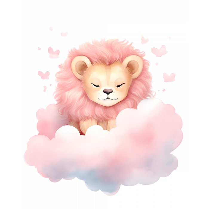 Kelebekli Pembe Bulut Üzerinde Uyuyan Pembe Yeleli Sevimli Aslan Yavrusu Duvar Çıkartması
