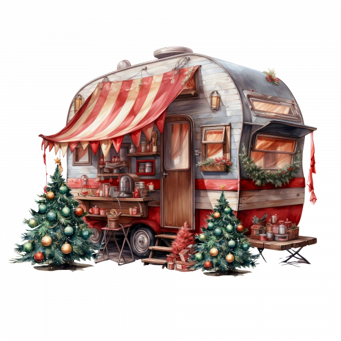 Kırmızı-Beyaz Çizgili Tenteli ve Noel Ağaçlı Karavan Duvar Çıkartması