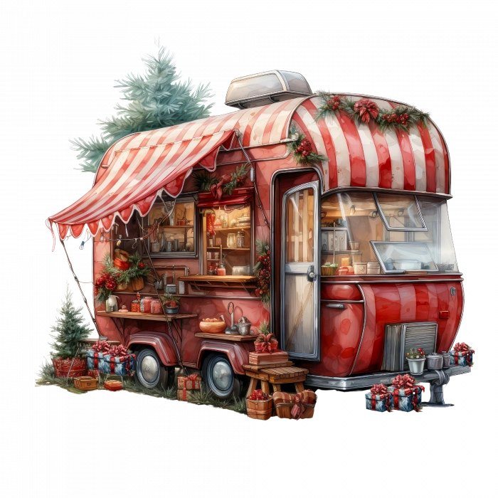 Kırmızı-Beyaz Çizgili Tenteli ve Noel Temalı Karavan Duvar Çıkartması